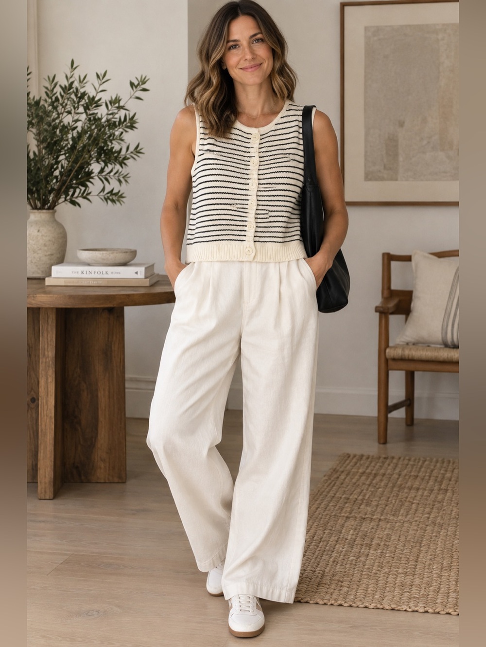 Alex Mill Large Ivory Black Striped Cotton Button Front Sweater Vest